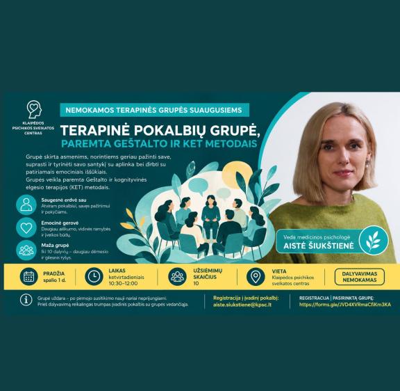 NEMOKAMA TERAPINĖ POKALBIŲ GRUPĖ SUAUGUSIESIEMS