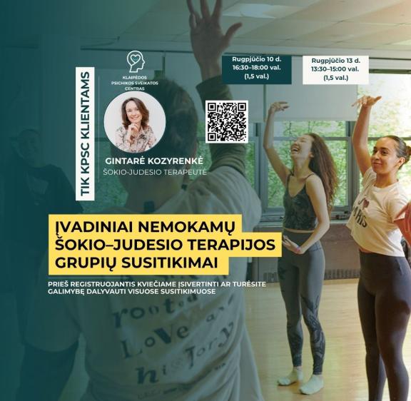 Kviečiame į nemokamus įvadinius šokio–judesio terapijos grupių susitikimus, kuriuose galėsite susipažinti su šiuo terapijos metodu ir nuspręsti, ar norėtumėte dalyvauti visame 12 susitikimų terapijos cikle.